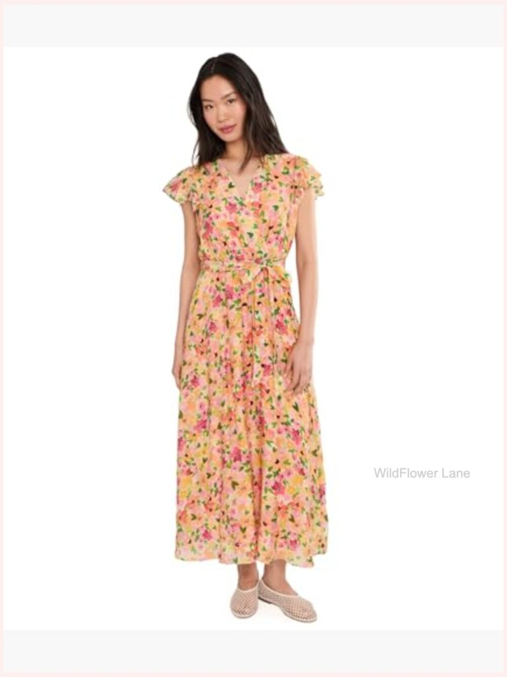 Wrap Front Short Sleeve Midi Dress, Floral Print, V-Neck, A-Line - Picture 2 of 5